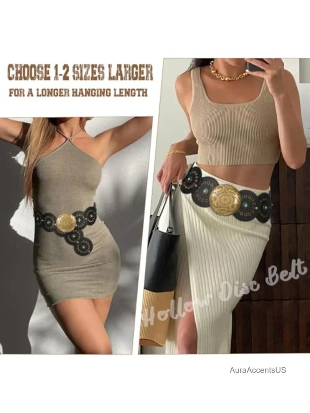 Western PU Leather Belt with Concho Disc Buckle for Women Boho Cowgirl Waist